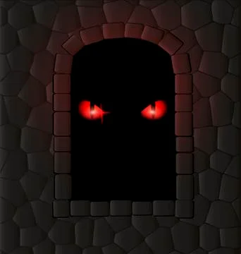 Darkness, stone wall and red eyes Stock Illustration
