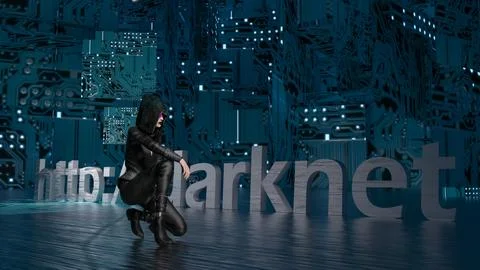 Darknet text words on a dark background with electronic circuits, and a wom.. 库存插图