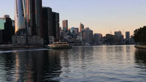 Darling Harbour waterfront and Barangaroo – zoom out at sunrise in 4k. Stock Footage 155602811
