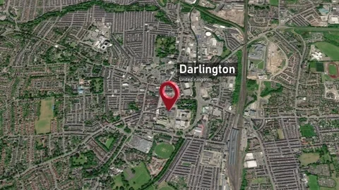 Darlington City Map Zoom (UK) from Space... | Stock Video | Pond5