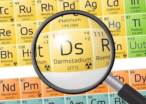 Darmstadium from Periodic Table of the Elements with magnifying glass 스톡 일러스트