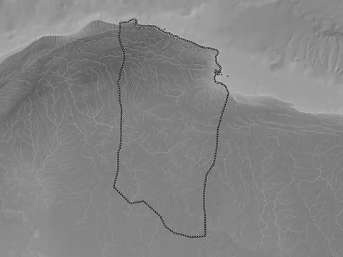 Darnah, Libya. Grayscale elevation map with lakes and rivers Illustrazione stock