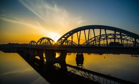 Darnitskiy bridge at sunset Fotos de archivo
