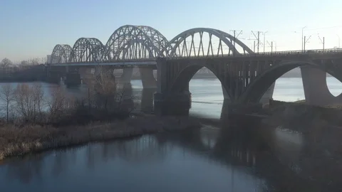 Darnitsky bridge over the Dnieper River. Ukraine city Kiev Stock Footage 128199192