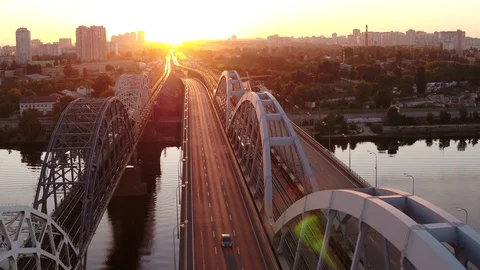 Darnitsky bridge over the Dnieper River. Ukraine city Kiev. Video from the drone Stock Footage 128226872