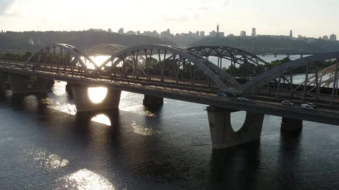 Darnitsky bridge over the Dnieper River. Ukraine city Kiev. Stock Footage 128227840