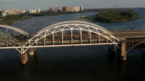 Darnitsky bridge over the Dnieper River. Ukraine city Kiev. Stock Footage 128228520