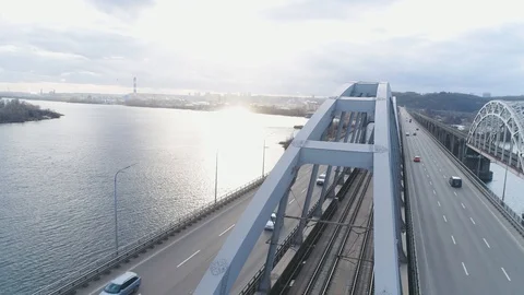 Darnitsky bridge over the Dnieper River. Ukraine city Kiev. Stock-Footage 128228570