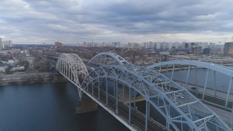 Darnitsky bridge over the Dnieper River. Ukraine city Kiev. Stock Footage 128229541
