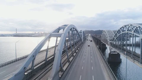 Darnitsky bridge over the Dnieper River. Ukraine city Kiev. Stock Footage 128229892