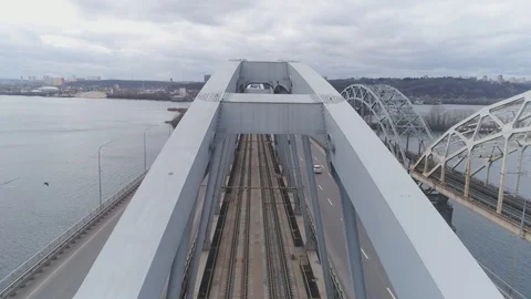 Darnitsky bridge over the Dnieper River. Ukraine city Kiev. Stock Footage 128229927