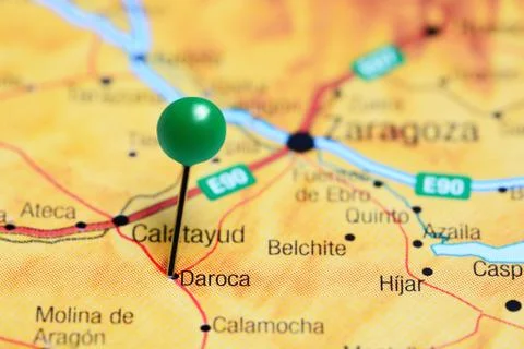 Daroca pinned on a map of Spain Stock Photos