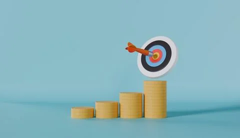 Dart arrow hit the center target of dartboard with coin stacks Stock Illustration