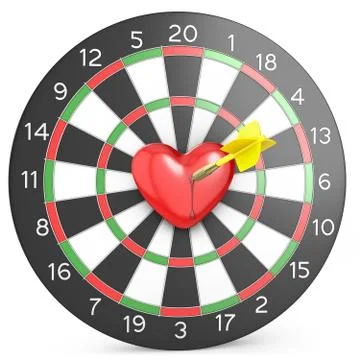 Dart hit the heart in the center of datrboad, frontal view isola Stock Illustration