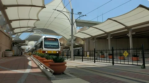 DART train leaving DFW station Stock Footage 197048307