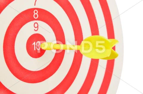 Dartboard with yellow dart at the center isolated on white Stock Photos