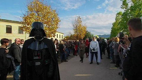 A Darth Vader cosplay uses force at Lucca Comics And Games 2018 Stock Footage 103937445