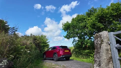 Dartmoor Devon UK. 07.08.2024. Video.  Red car on narrow country lane Dartmoor Stock Footage 282489826
