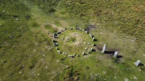 Dartmoor Down Tor - Hingston Hill Stone Circle and Row drone arial view Stock Footage 205552450