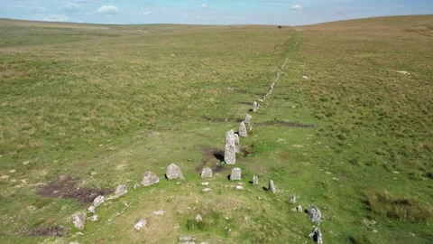 Dartmoor Down Tor - Hingston Hill Stone Circle and Row drone arial view Stock Footage 205818915