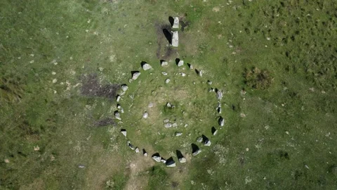 Dartmoor Down Tor - Hingston Hill Stone Circle and Row drone arial view Stock Footage 205820800