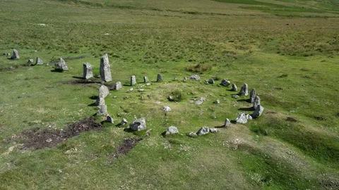 Dartmoor Down Tor - Hingston Hill Stone Circle and Row drone arial view Stock Footage 205823861