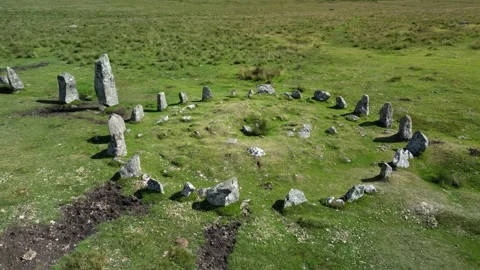 Dartmoor Down Tor - Hingston Hill Stone Circle and Row drone arial view Stock Footage 205824327
