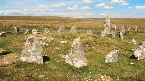 Dartmoor Down Tor - Hingston Hill Stone Circle And Row Stock Footage 205937283