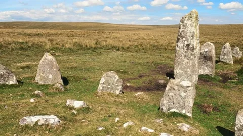 Dartmoor Down Tor - Hingston Hill Stone Circle And Row Stock Footage 205937609