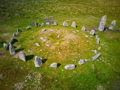 Dartmoor Down Tor - Hingston Hill Stone Circle And Row Drone Arial View Stock Photos