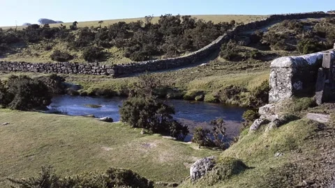 Dartmoor winter sunshine by a stream Stock Footage 315885665