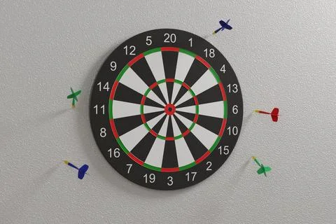 Darts stuck in the wall around a target. Concept of bad aim. 3D illustration. Stock Illustration