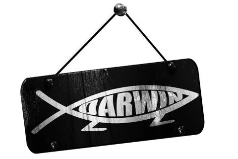 Darwin fish symbol, 3D rendering, grunge hanging vintage sign Stock Illustration