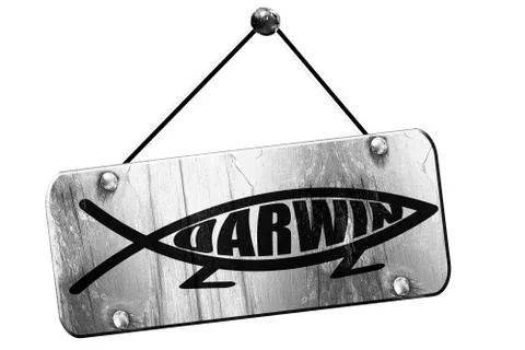 Darwin fish symbol, 3D rendering, grunge hanging vintage sign Stock Illustration