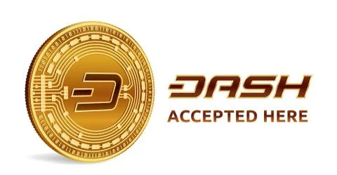Dash. Accepted sign emblem. Crypto currency. Golden coin with Dash symbol Stock Illustration