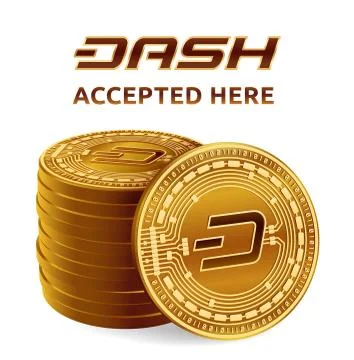 Dash. Accepted sign emblem. Crypto currency. Stack of golden coins with Dash  Stock Illustration