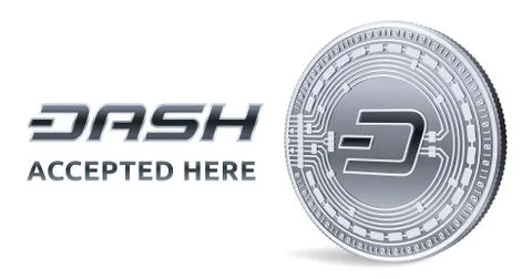 Dash. Accepted sign emblem. Crypto currency. Silver coin with Dash symbol iso Ilustração Stock