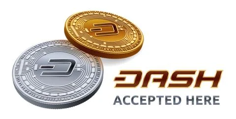 Dash. Accepted sign emblem. Crypto currency. Golden and silver coins with Das Stock Illustration