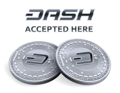 Dash. Accepted sign emblem. Crypto currency. Silver coins with Dash symbol is Stock Illustration