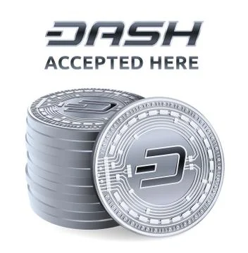 Dash. Accepted sign emblem. Crypto currency. Stack of silver coins with Dash  Stock Illustration