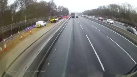 Dash cam captures dramatic truck accident on UK motorway Video stock 109270702