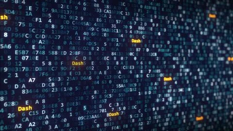Dash captions appearing among changing hexadecimal symbols on a computer screen 库存插图