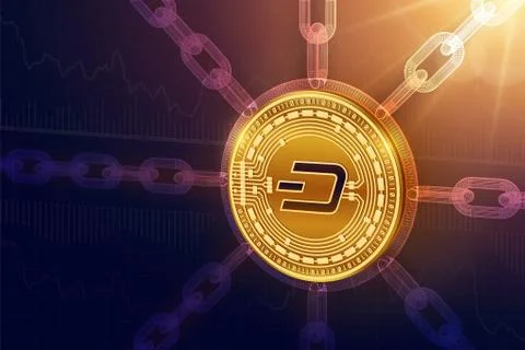 Dash. Crypto currency. Block chain. 3D isometric Physical Dash coin with wire Stock Illustration