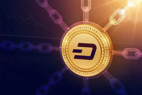 Dash. Crypto currency. Block chain. 3D isometric Physical Dash coin with wire Stock Illustration