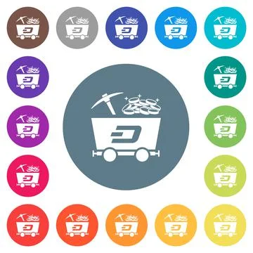 Dash cryptocurrency mining with treasure flat white icons on round color back Stock-Illustration