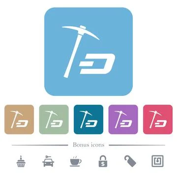 Dash cryptocurrency mining with treasure white flat icons on color rounded sq Stock-Illustration
