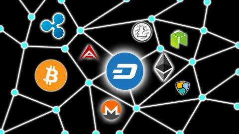 DASH Cryptocurrency Network Concept Black Background Stock Illustration