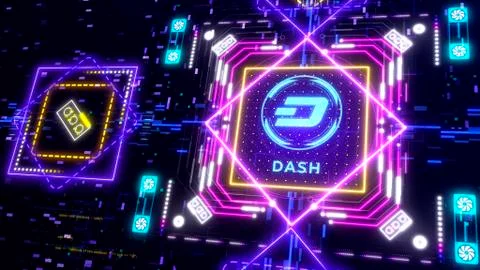 Dash cryptocurrency sign on the digital background. Financial theme Illustrazione stock