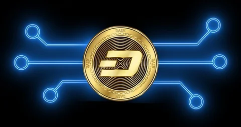 Dash (DASH) cryptocurrency coin with glowing blockchain transaction schematic Stock Footage 102327575