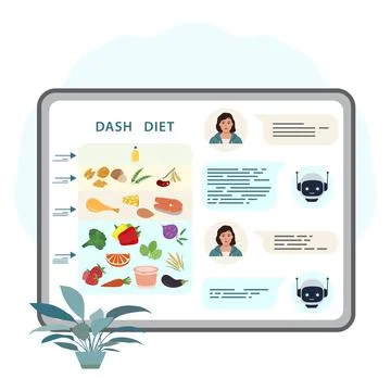 Dash diet chart featuring recommended foods and chatbot interaction with a .. Illustrazione stock